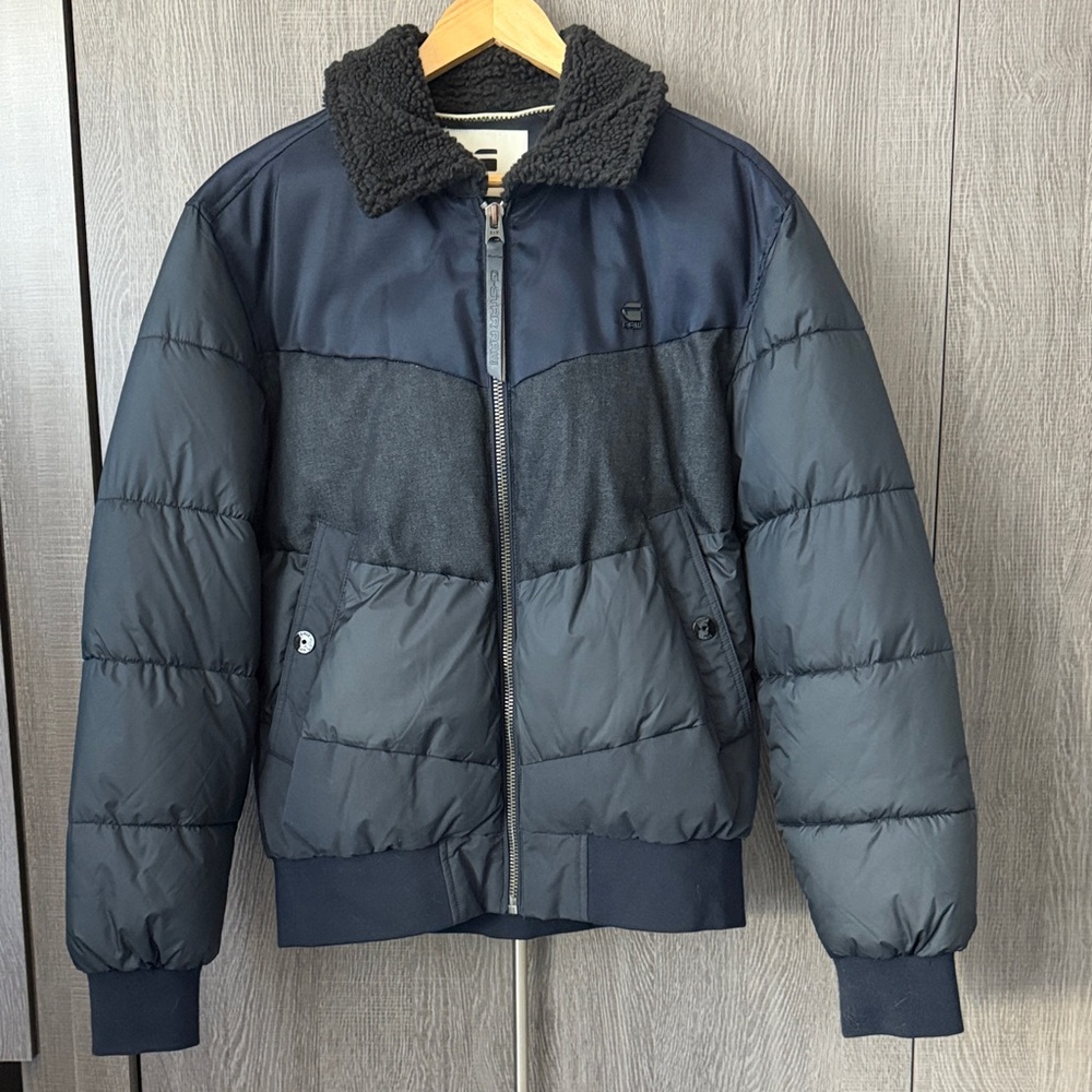 G-Star Raw Men's Navy & Black Puffer Jacket with Shearling Collar